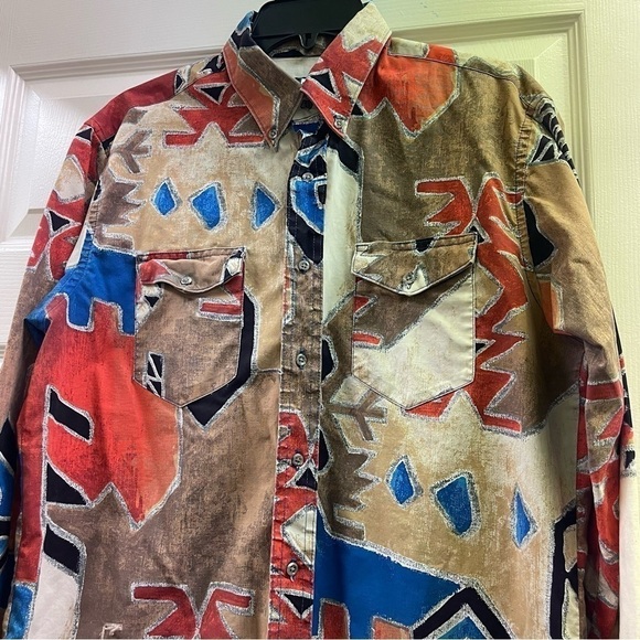 Wrangler Western Retro Abstract Print Long Sleeve Shirt Color Block 16 1/2 - Picture 6 of 16